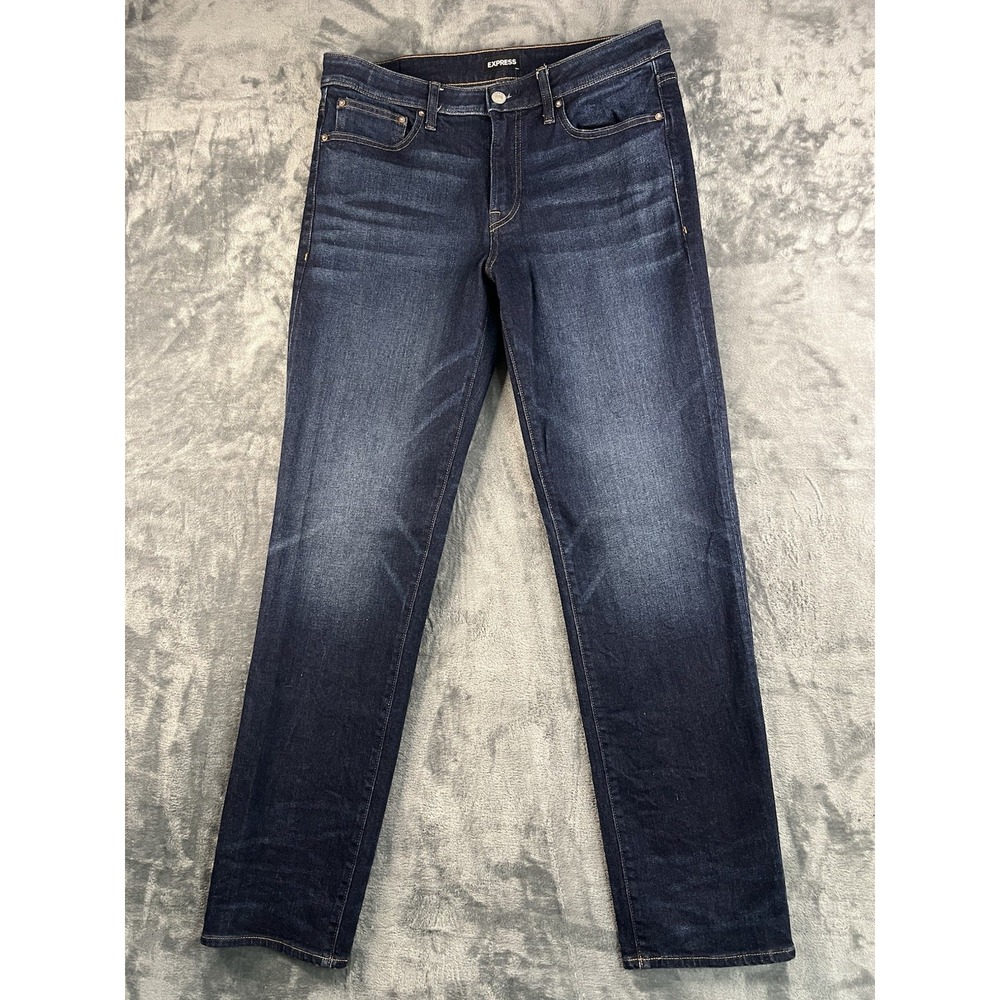 NWOT Express Mens Straigh Jeans Measures 34X33 Dark Wash Stretch Concious Edit